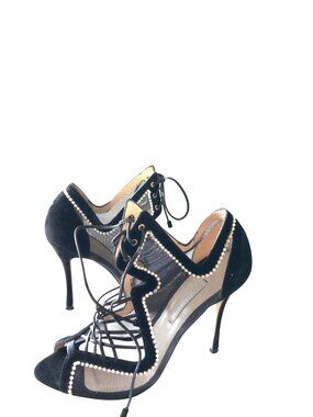 Nicholas Kirkwood Black Lace-Up Mesh Heels With Pearl Trim Size 36.5 Made In Ita
